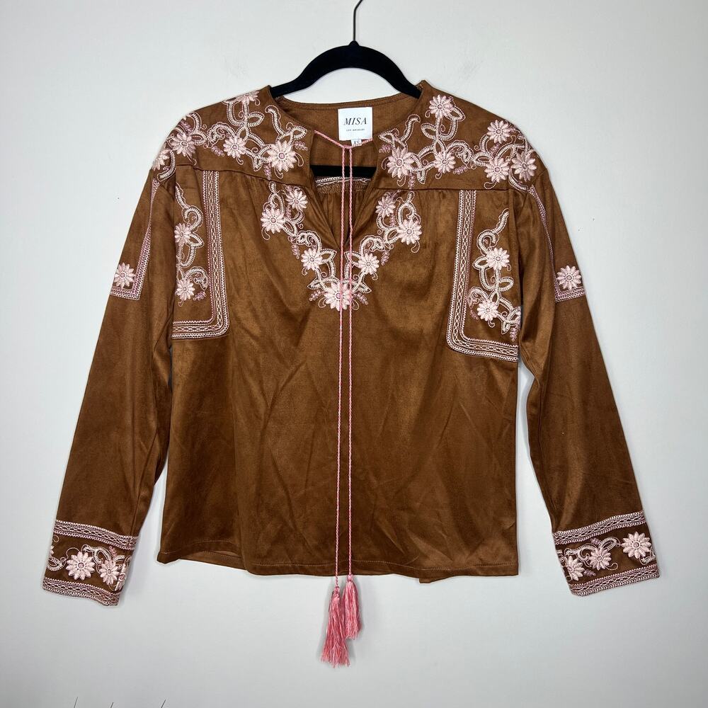 MISA‎ Los Angeles Brown MicroSuede Embroidered Top Blouse SZ XS Boho Hippie NWOT